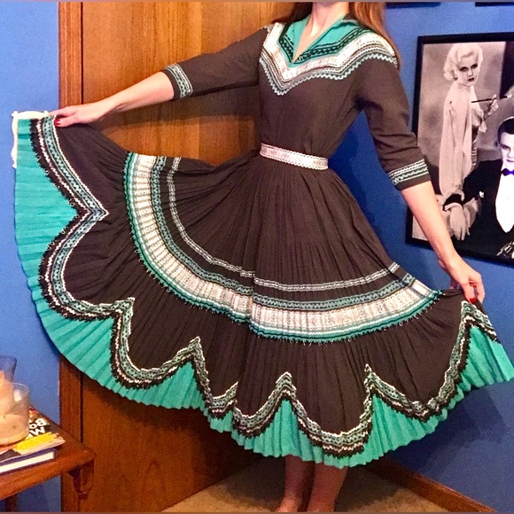 Vintage 1940s 1950s Gray & Turquoise Metallic Ric Rac Patio Skirt Set Western XS - Picture 2 of 12